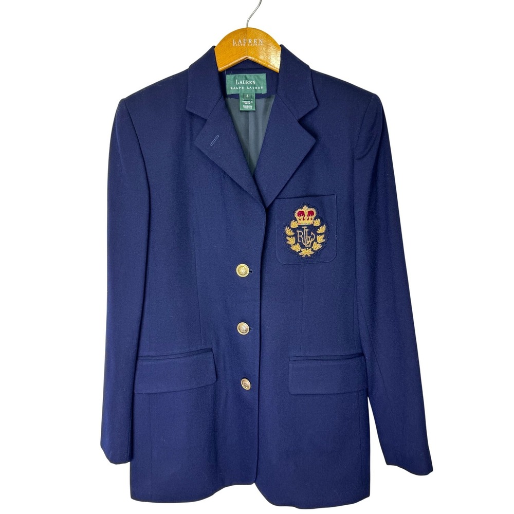 Vintage Lauren Ralph Lauren Crest Gold Button Wool Blazer Womens 4 Blue